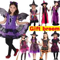Halloween Witch Costume with broom For Girls Role Play Cospl