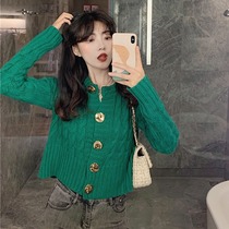 2021 spring and autumn new sweater thin lazy wind long-sleeved cardigan green short sweater top jacket women