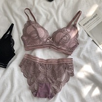 Bra suit womens summer sexy no rim thin section big chest show small underwear gathered lace French briefs