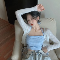 Knitwear spring new womens white short blouses slim fit long sleeves sunscreen for Korean version jacket thin