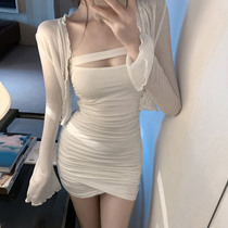 Spring Suit Woman Fashion Temperament Casual Long Sleeve Knit Jacket Sexy Bag Hip dress Skirt Ocean Air Skirt two sets