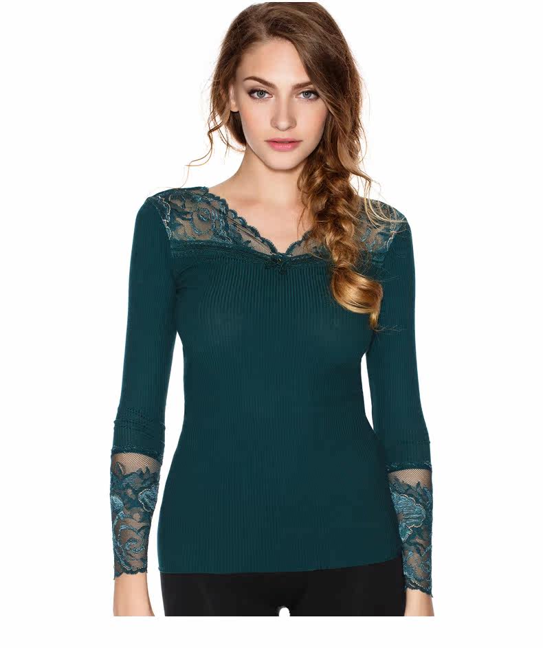 曼妮芬女士v领长袖上衣 精致蕾丝性感v领天丝保暖衣 可外穿可打底