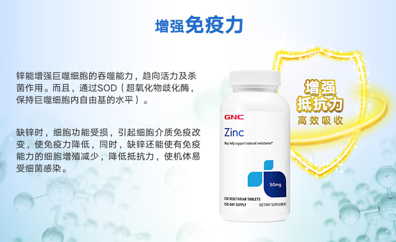 GNC健安喜锌片锌营养素50mg*250片