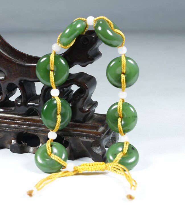 特价酬宾 和田玉菠菜绿碧玉 平安扣手链一串