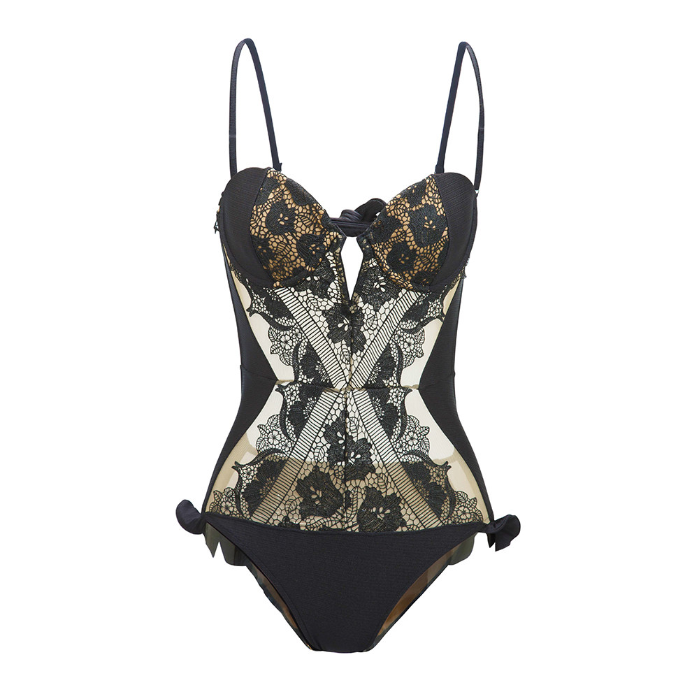2018新款黑色蕾丝拼接性感比基尼 连体泳衣 遮肚显瘦泳装