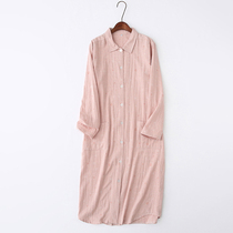 Sleeping Skirt Woman Spring Summer Long Sleeves Pure Cotton Cotton Busson Womens Day Department Art Cotton Linen Thin shirt collar Home Long dress