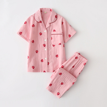 Summer all-cotton cloth girl short sleeve long pants pyjamas suit cute sweet and pure cotton girl cotton numb home clothes