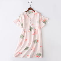 Sleeping Skirt Woman Summer Pure Cotton Double Layer Gauze Thin cute Home Suit Summer Short Sleeve Dresses Cotton Linen Pyjamas