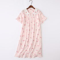 Summer Pure Cotton Short Sleeve Sleeping Dress Lady Thin gauze Daily Cute Strawberry Princess Cotton Linen With Buttoned Home Skirt
