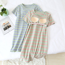 Summer Pure Cotton Short Sleeve Sleeping Dress Lady With Chest Cushion Casual Striped Jacket Head Knit Cotton Pyjamas Home Skirt