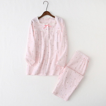 Spring summer thin section full cotton double layer gauze lunar subdress lady long sleeve cute pregnant womans pyjamas pure cotton postnatal laces