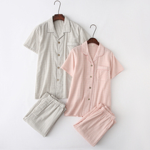 Cotton gauze couples pajamas women summer cotton thin short sleeve pants no print casual men's home clothing set