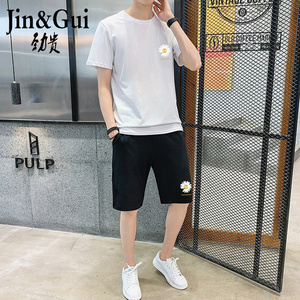 劲贵男士运动套装夏季2020新款潮流宽松短袖短裤小雏菊印花两件套