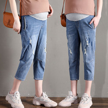 孕妇牛仔裤夏装2021新款孕妇裤宽松外穿打底七分裤夏季薄款短裤子