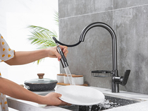 Gun Gray pull-out hot and cold faucet kitchen wash basin full copper telescopic rotatable basin faucet