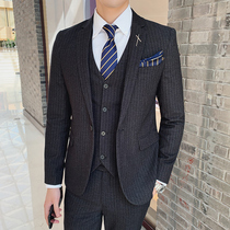 Suit suit Mens business formal three-piece suit Groom wedding dress handsome slim British casual striped suit
