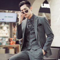 Casual suit suit mens three-piece business professional suit Korean version slim wedding dress large striped suit men