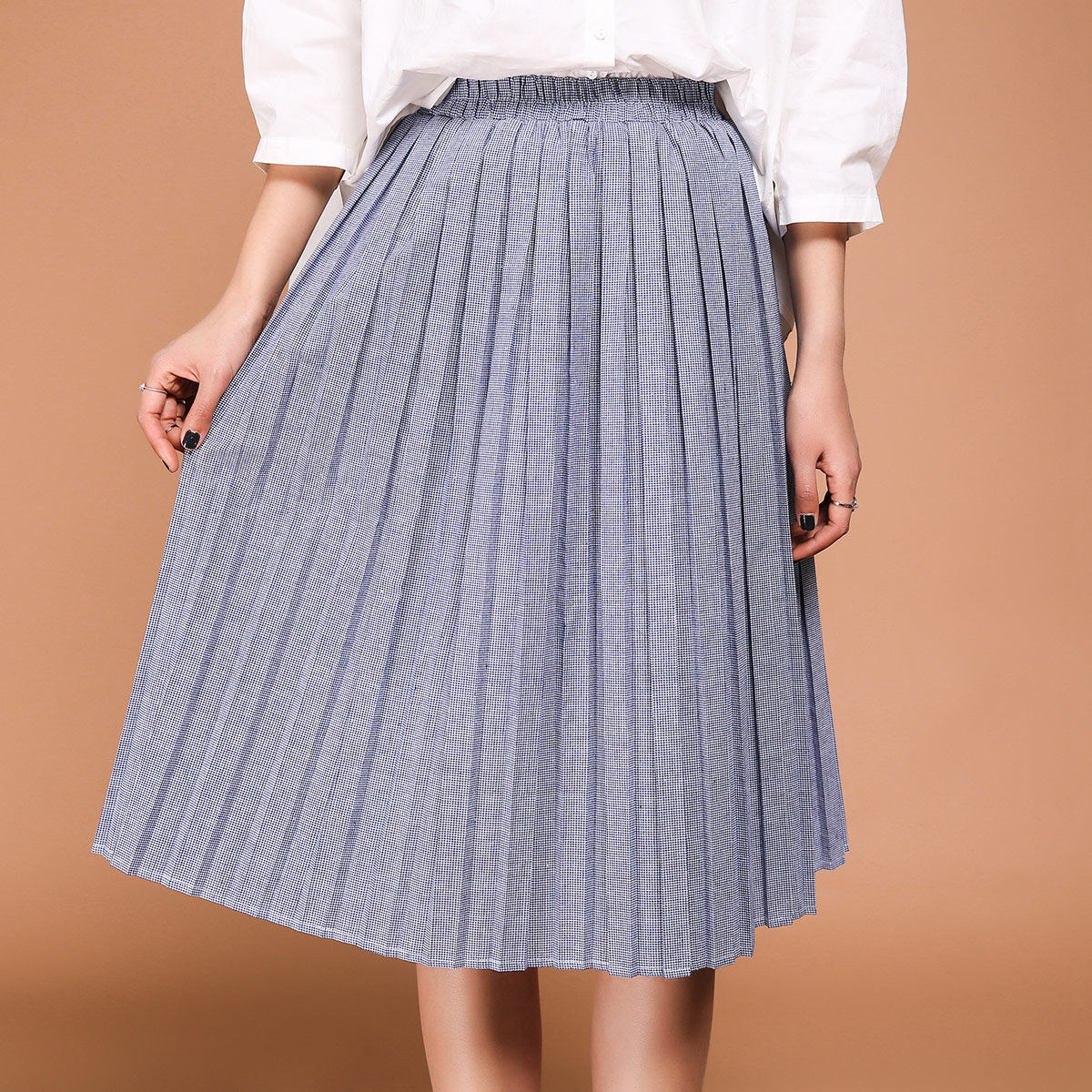 七格格2017春装新款 清新中长款a字显瘦千鸟格百褶半身裙 女n522