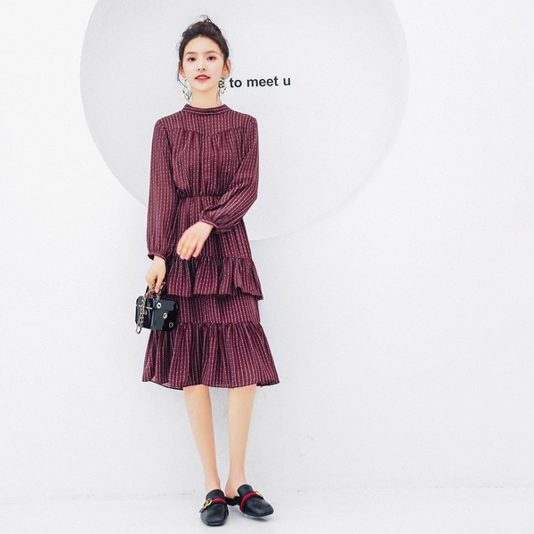 Chiffon Slimming Dress Spring Dress Female Student Sen Female Student with New Medium and Long Cake Skirt Temperament Chiffon Slimming Dress Spring Dress Female Student Sen Female Student with New Medium and Long Cake Skirt Temperament