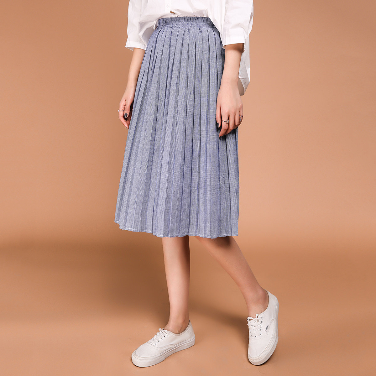 七格格2017春装新款 清新中长款a字显瘦千鸟格百褶半身裙 女n522