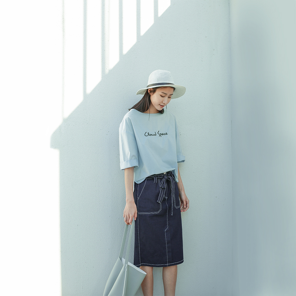 云上生活复古烟灰蓝七分袖t恤女