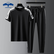 潮牌夏季冰丝短袖套装男大码高端休闲天丝痞帅轻奢运动服男装跑步