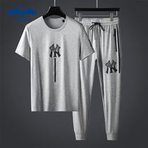 2022年新款潮牌男士短袖套装男装夏季字母NY休闲运动服男款两件