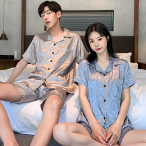 Couple pajamas female summer ice silk thin short sleeve simulation silk men summer cute home clothing Net red suit