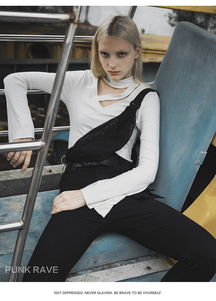 pr朋克腰包女ins新款黑色网格透气女士背包时尚超火的斜挎包