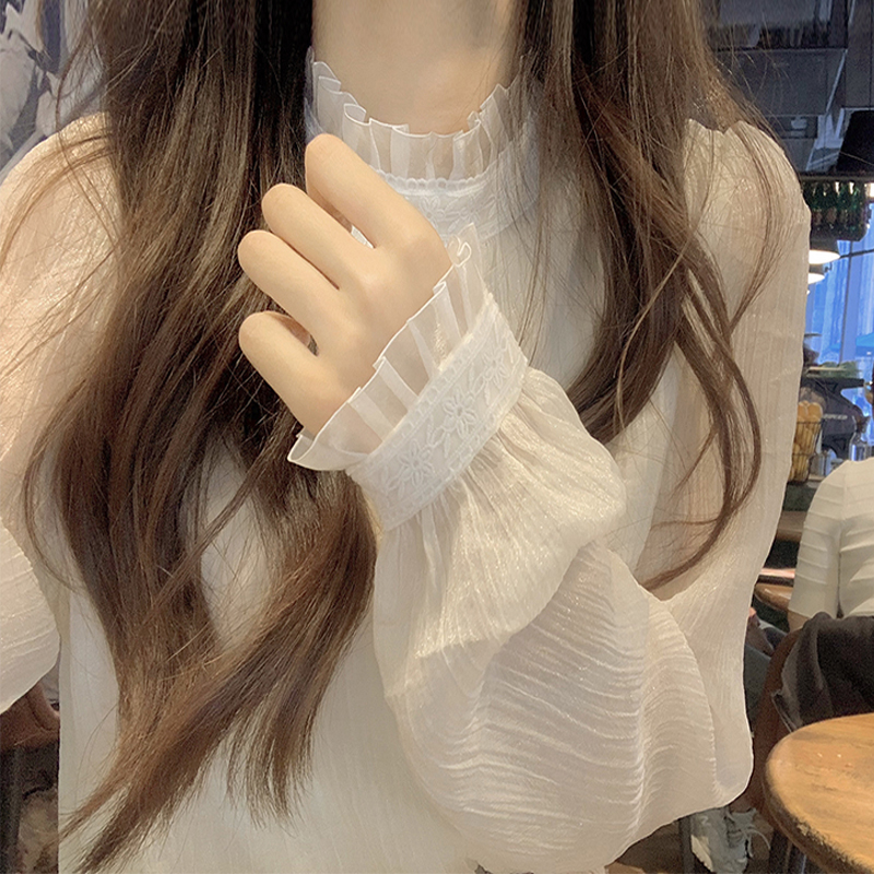 Face-style retro design sensation neckline with snow-spinning shirt female spring and autumn web yarn Don't give a little blouses to the undershirt-Taobao