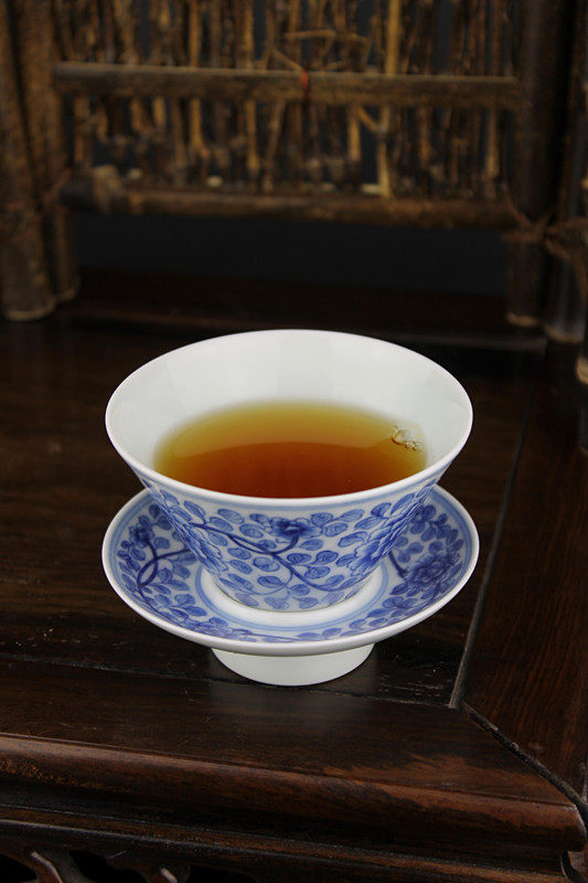 供应载物堂手绘青花百叶缠枝牡丹斗笠杯全手工茶碗绿茶