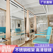 High-end net red barbershop mirror hair mirror Hair salon special wall hanging single-sided hair salon mirror LED light touch