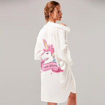Shirt night dress womens 2021 new summer ice silk girls  pajamas can be worn outside unicorn print home clothes