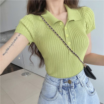 2022 Spring Korean version College Wind retro short sleeves Deep V Collar Knit Cardiovert Button Tight Fit Short blouse Women Summer