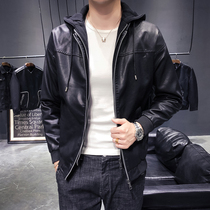 Fake two hooded leather clothing mens cotton youth 21 spring and autumn slim Korean trend handsome motorcycle leather jacket