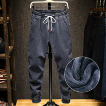 Autumn and winter models plus velvet black jeans mens fashion brand slim feet stretch pants mens Korean lace-up casual pants