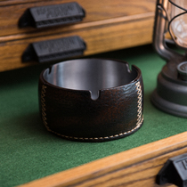 Retro leather wrap stainless steel ashtrays handstitched natural cow leather textured nature