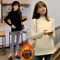 Pregnant women top half collar autumn and winter plus velvet thickened warm pregnant women Joker base shirt embroidered knitted pullover sweater