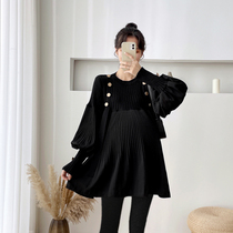 Pregnant women loose Belly Belly Red pregnant womens clothing core yarn knitted stitching pregnant womens tops lantern sleeves pregnant womens dress