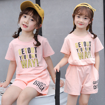 2021 summer new girl suit summer Korean version of the Western style leisure pullover short-sleeved T-shirt in the big childrens two-piece set