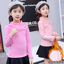 Warm tops Autumn childrens clothing Childrens small medium and large girls base shirt Lace long-sleeved T-shirt Velvet thick base coat