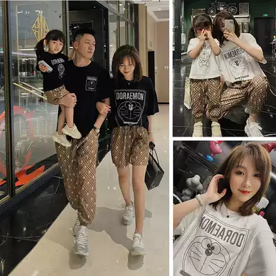 2021 summer new Doraemon parent-child outfit hot diamond T-shirt presbyopia trousers a family of three foreign mother and daughter suit
