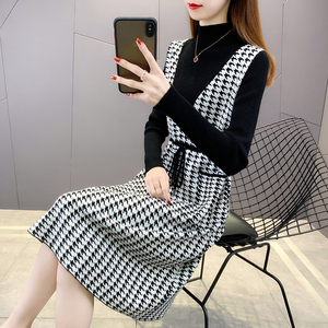 针织半身裙包臀女百褶中长款2020年秋冬新款黑色加绒连衣裙子