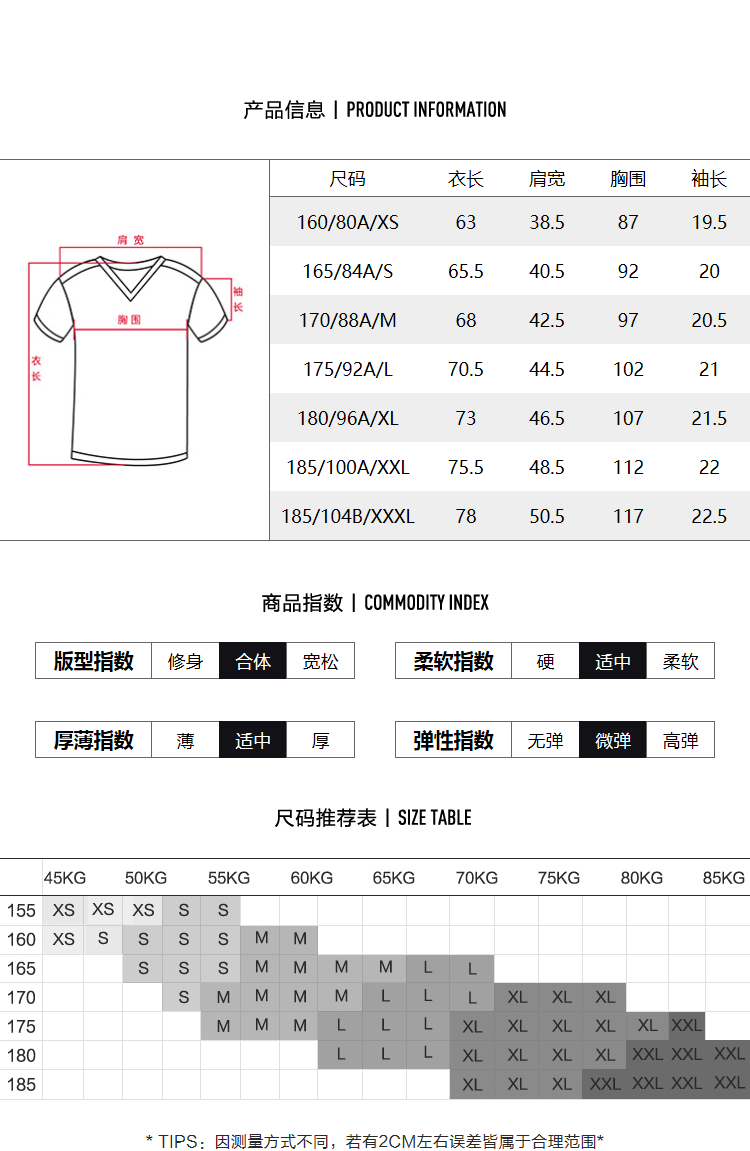产品信息|PR0DUCT|NF0RMAT0N尺码衣长肩宽胸围袖长160/80A/XS38.519.5165/84A/S40.59220170/88A/M42.59720.5衣175/92A/L70.544.51021180/96A/XL7346.510721.5185/100A/XXL75.185/104B/XXXL7850.5117商品指数|C0 MMODITY|NDEX版型指数修身合体宽松柔软指数硬适中柔软厚薄指数薄适中厚弹性指数无弹微弹高弹尺码推荐表丨 SIZE TABLE45KG 50KG 55KG 60KG 65KG 70KG 75KG 80KG 85KG155 XSXS XSS S160 XS S MMSSS MMMM LMMM LLL XLXL XL×LXL×XuLLLL XLXL XL XLXXL××L×XLXL XLXL XXL XXL XXLXXL-推好价 | 品质生活 精选好价