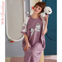 Cure Little White Dog Joint Name Dream Spring and Summer Cotton Girls Short Sleeve Round Neck Cartoon Print Large Size Medium Long Nightdress