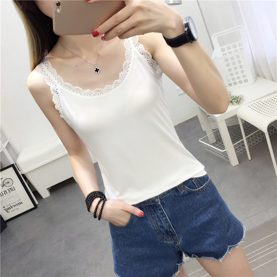 Camisole female new summer wild lace side round neck solid color base Slim T-shirt shirt small shirt