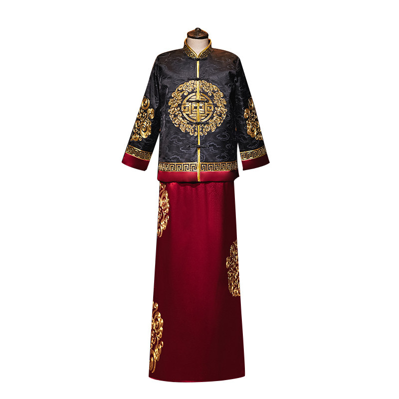 秀禾服男2020新款黑色中式新郎礼服龙凤褂男士马褂袍唐装中国风