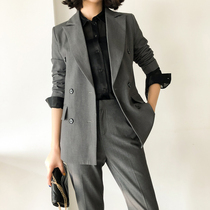 Work suit jacket female retro Korean temperament fashion double-breasted Hong Kong style waist slim suit spring and autumn