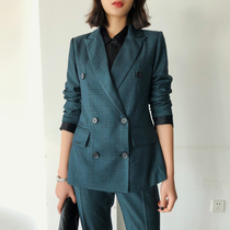 Professional Suit Suit Women's Spring and Autumn Temperament Korean Fashion Double-breasted High-end Business Suit Dark Green Plaid Suit
