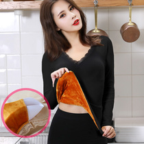 Thermal underwear women padded velvet top with chest pad autumn clothes V collar tight clothes slim sexy base shirt
